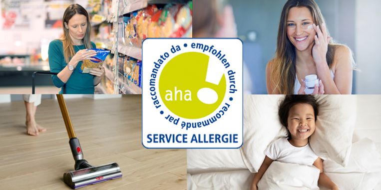 Frau beim Einkaufen, Frau mit Gesichtscreme, Staubsauger, lachendes Kind im Bett, Allergie-Gütesiegel