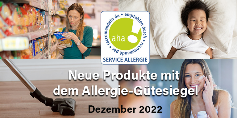 Frau beim Einkaufen, Frau mit Gesichtscreme, Staubsauger, lachendes Kind im Bett, Allergie-Gütesiegel