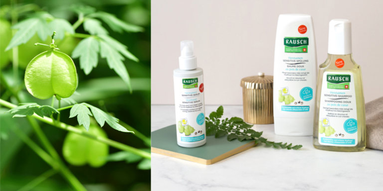 Herzsamen Pflanze und drei zertifizierte Produkte für eine irrierte hochsensible Kopfhaut